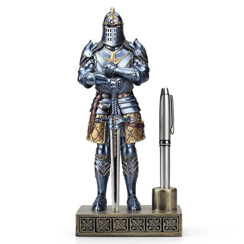 Amoysanli Knight Statue Resin Pen Stand Resin Fountain Pen Holder Office Pen Stand Desk Organizer For Men (Blue) - Image 1