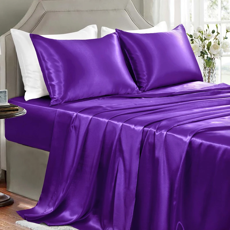 GOLAL Dark Purple Satin Sheets California King Size - 4 Pcs Silky Sheets