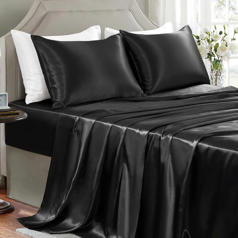 GOLAL Satin Sheets California King Size Bedding - 4 Pieces Luxury Silky Soft Bed Sheets, Wrinkle-Free Black Satin Silk Sheet Set with 1 Deep Pocket Fitted Sheet, 1 Flat Sheet, 2 Pillow Cases