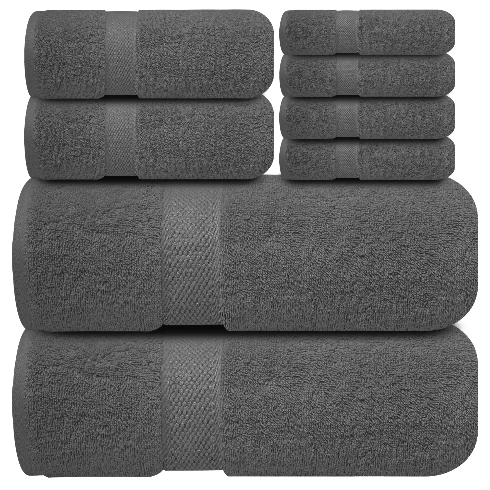 Infinitee Xclusives Premium Bath Towel Set 8-Piece (2 Bath Towels, 2 Hand Towels, 4 Washcloths), Super Absorbent Soft 100% Ring-Spun Cotton for Spa, Gym, Hotel & Bathroom |Shadow Grey|
