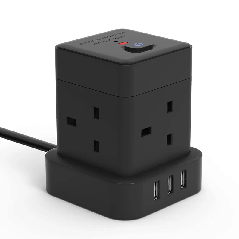 Cube Extension Lead 3M With USB Slots, Baykul 4 Way Extension Cord With 3 USB Ports, Black Long Power Strip With Switch Multi Plug Extension Cable With Overload Protection For Home Travel Office Dorm
