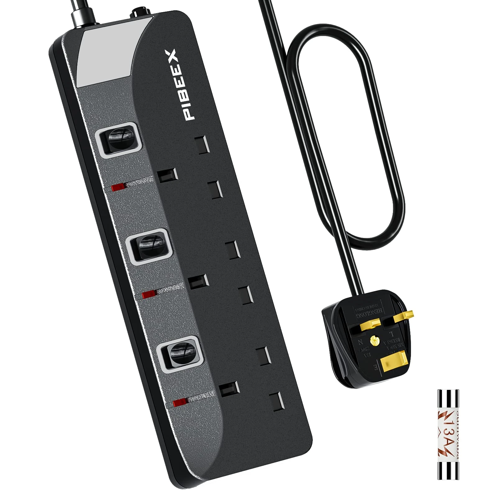 PIBEEX Extension Lead 3 Way Plug Sockets with Individual Switches Wall Mountable Power Strip 1.5M Extension Cable 13A Fused UK Plug 3250W