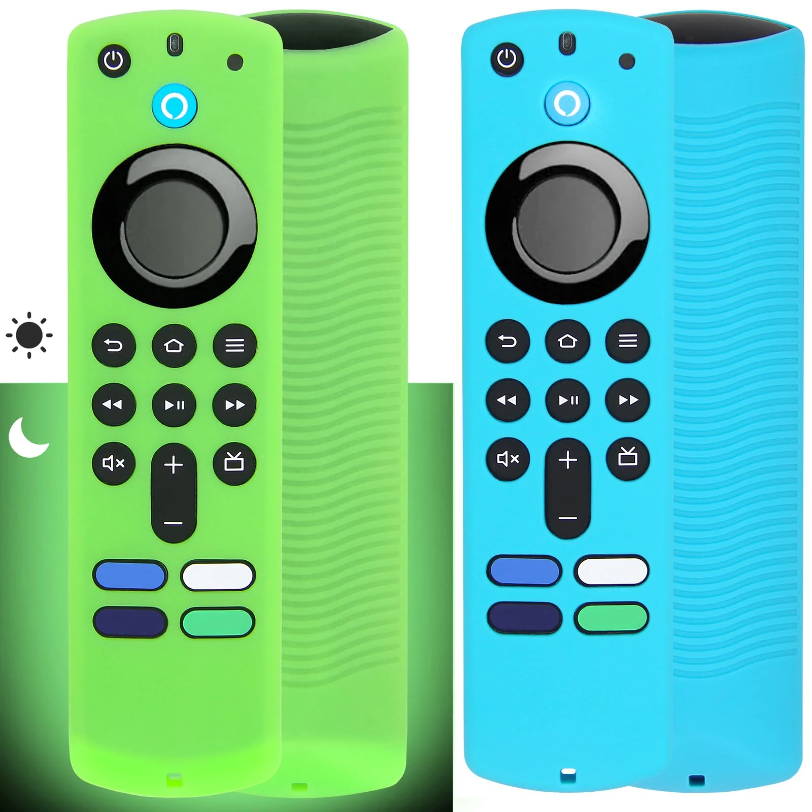 [2 Pack] Pinowu Remote Cover Compatible with Fire TV Stick 4K Alexa Voice Remote (3rd Gen), Anti Slip Silicone Protective Case Cover with Lanyard (Green Glow & Turquoise) (NOT for 4K 2nd 2024)