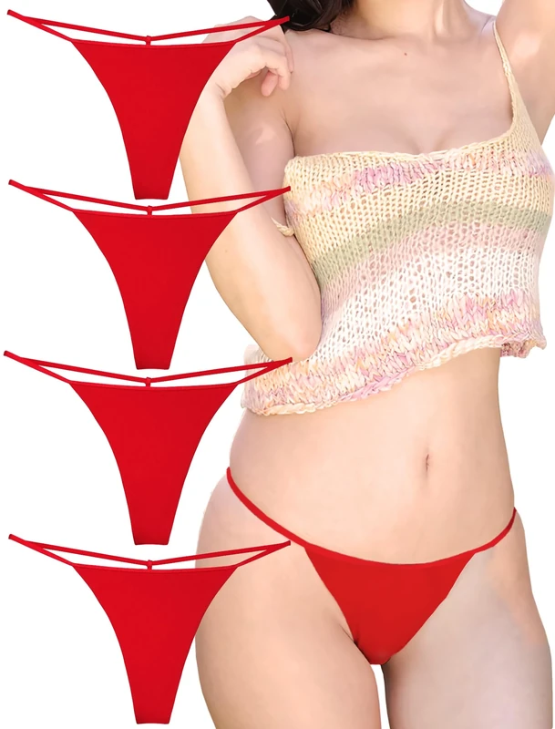 KUKU PANDA Cotton G String Thongs for Women T Back Gstring Underwear Seamless Panties Low Cut Comfortable Tangas Sexy Stringsthongs 4 Pack Set (Red, Medium)