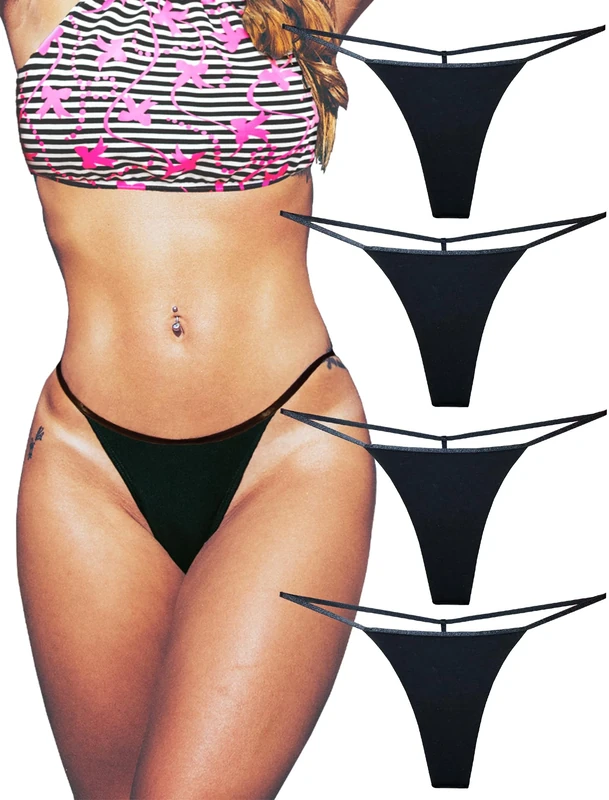 KUKU PANDA Cotton G String Thongs for Women T Back Gstring Underwear Seamless Panties Low Cut Comfortable Tangas Sexy Stringsthongs 4 Pack Set (Black, Medium)