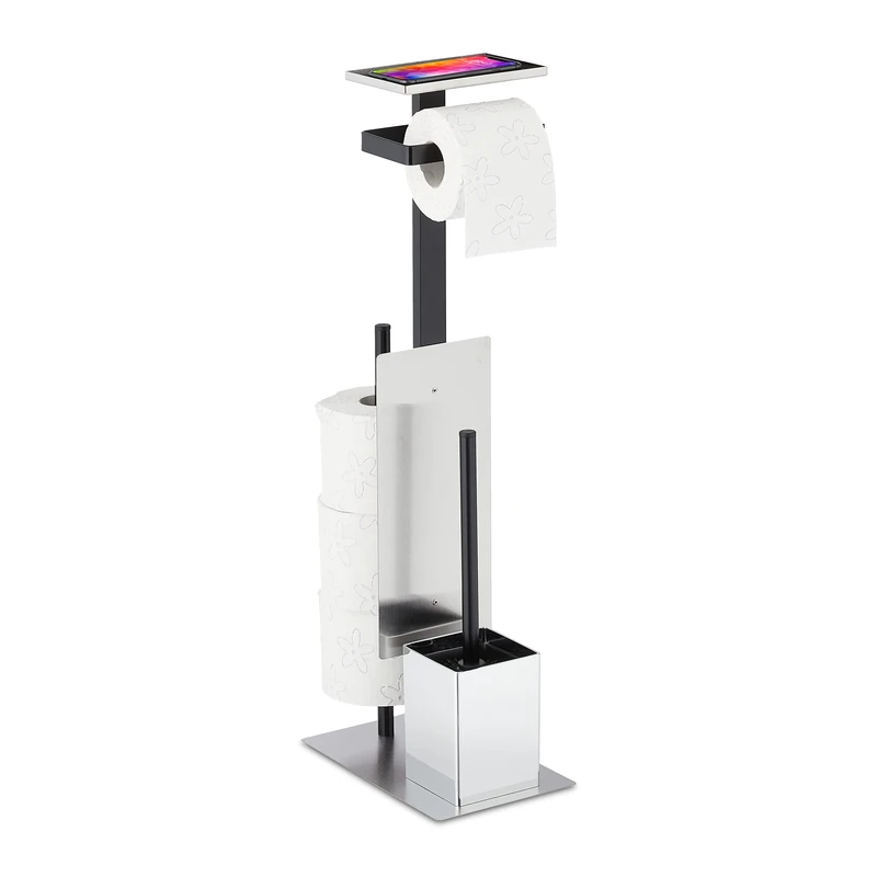 Relaxdays WC Set, Toilet Paper Holder, Bathroom Brush and Holder, Phone Storage Tray, HxWxD: 69x26x18 cm, Silver/Black