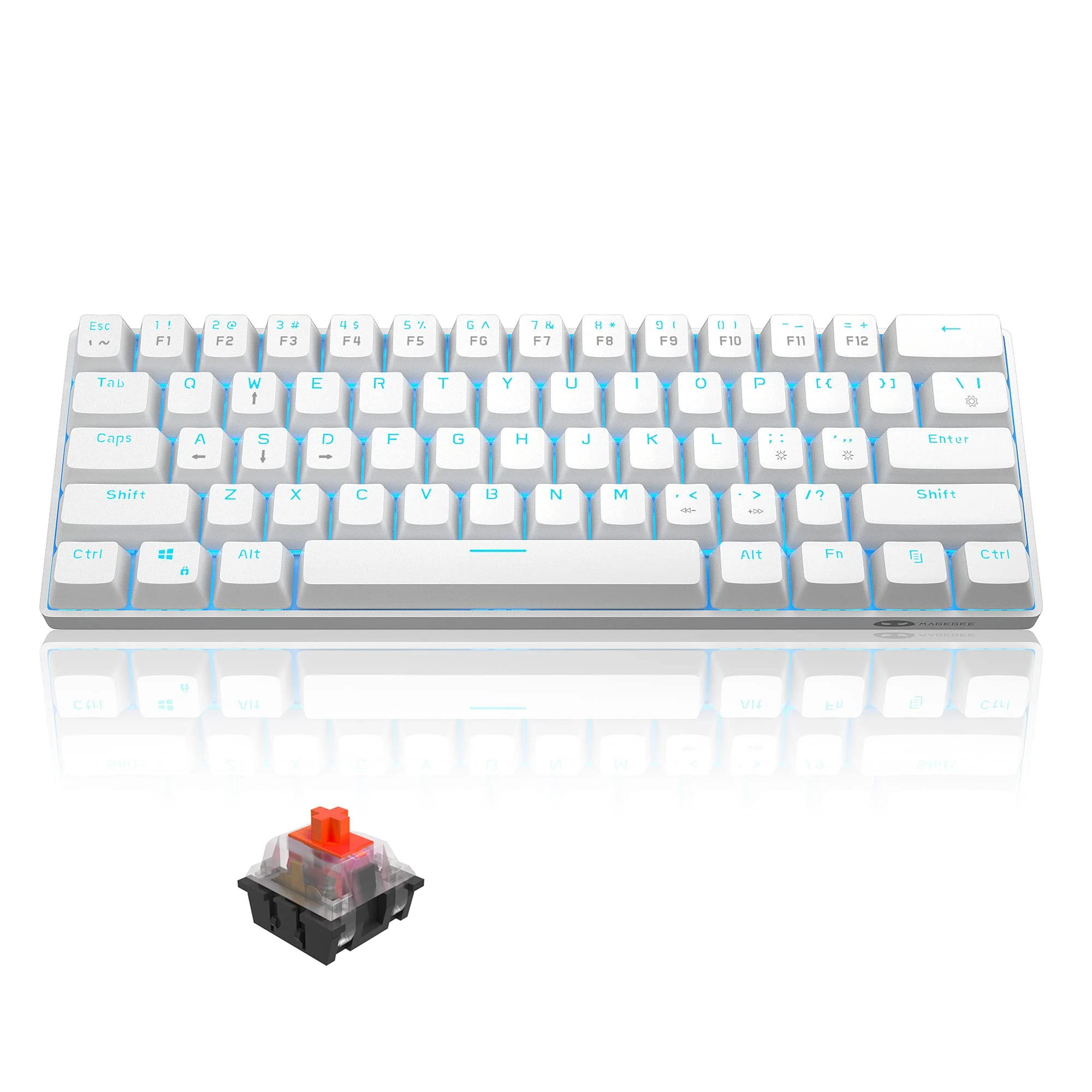 MageGee MK-Mini 60% Mechanical Gaming Keyboard, 61 Keys Compact Red Switches, Portable USB Type-C Wired Office Keyboard with Blue LED Backlit for Computer PC Laptop, White