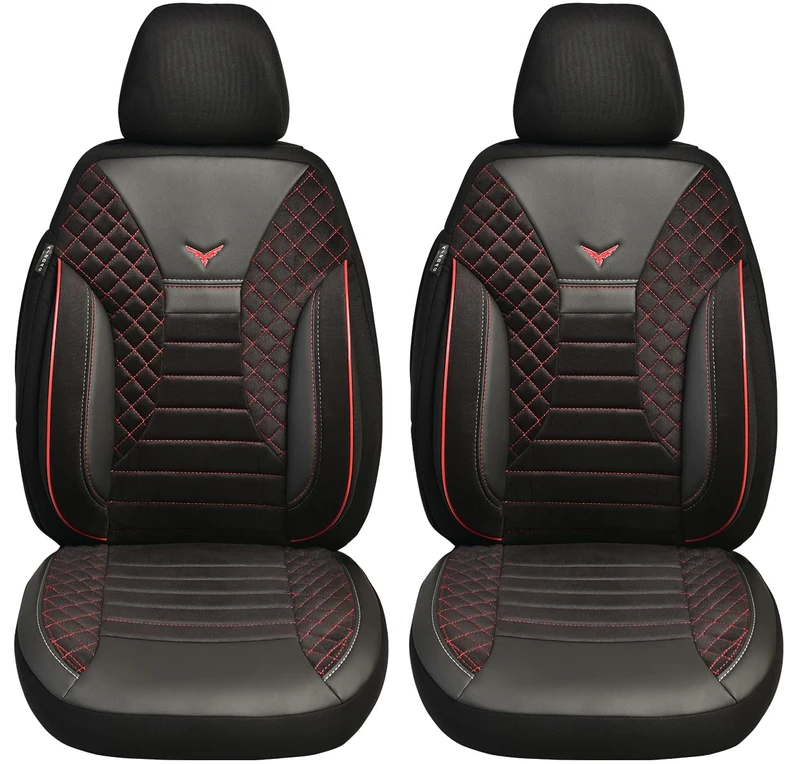 BREMER SITZBEZÜGE Custom Car Seat Covers Compatible with VW T5 Caravelle Driver & Passenger Set from 2003-2015 / Car Seat Cover Velour Faux Leather Set of 2 in Black/Red Stitching (PS802)