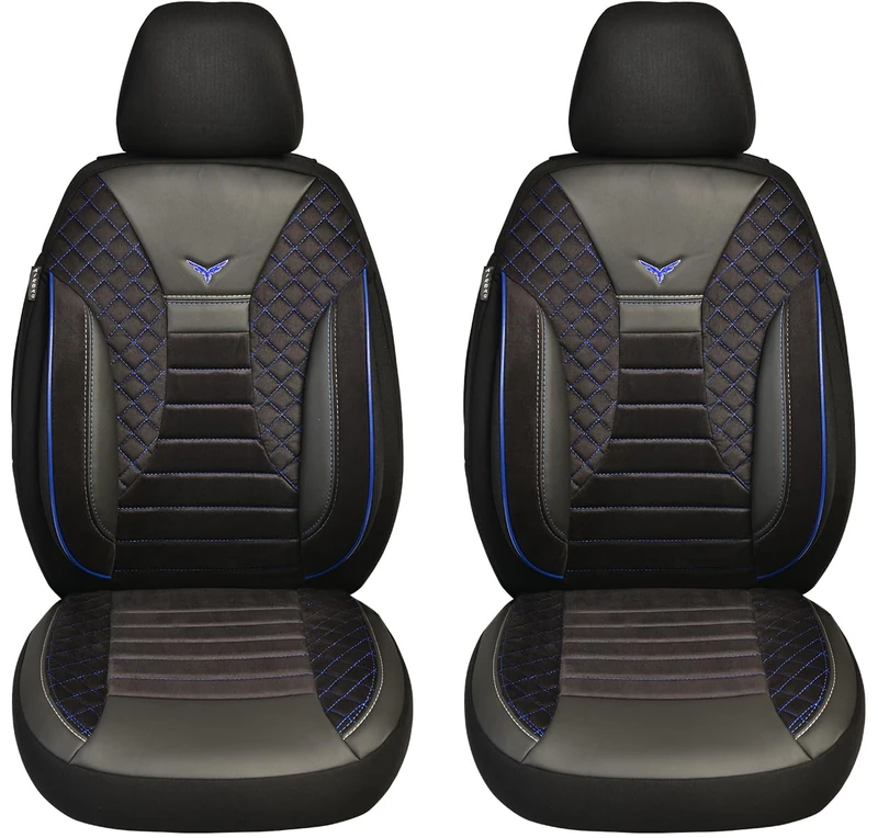 BREMER SITZBEZÜGE Dimensions car seat covers compatible with Fiat Ducato type 250 driver and passenger set from 2006-2022 / car seat cover velour faux leather set of 2 in black/blue stitching