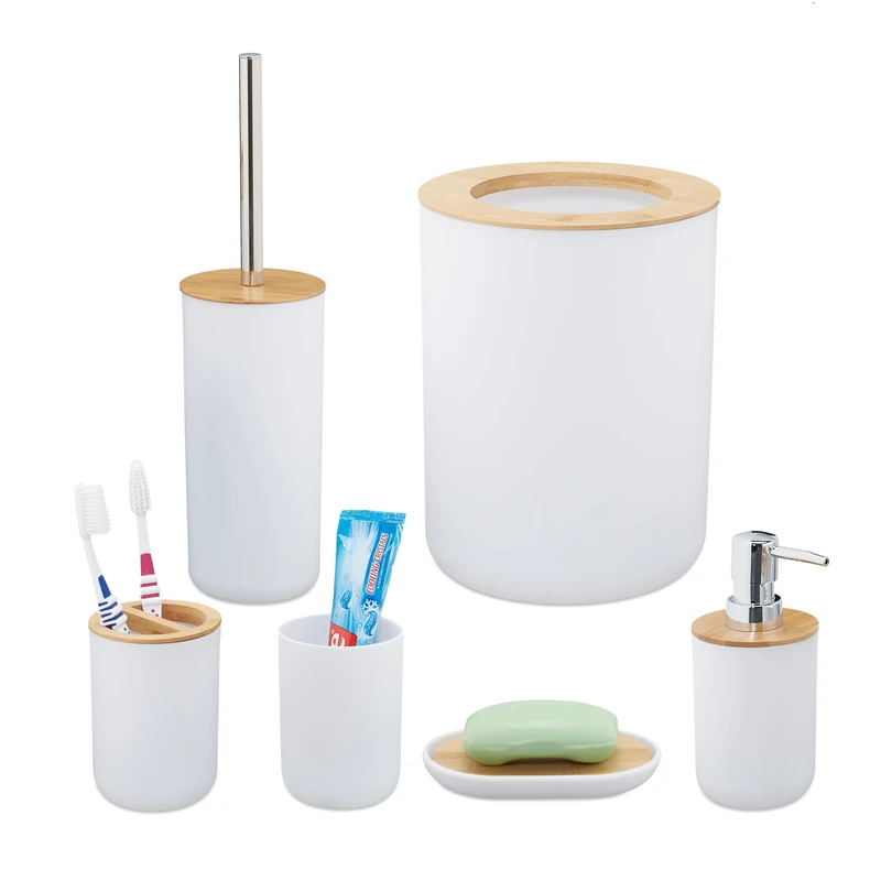 Relaxdays Accessories, Set of 6, Bathroom Equipment, Soap Dispenser, Toothbrush Holder, Bucket, Bamboo, White, 25 x 19.5 x 19.5 cm