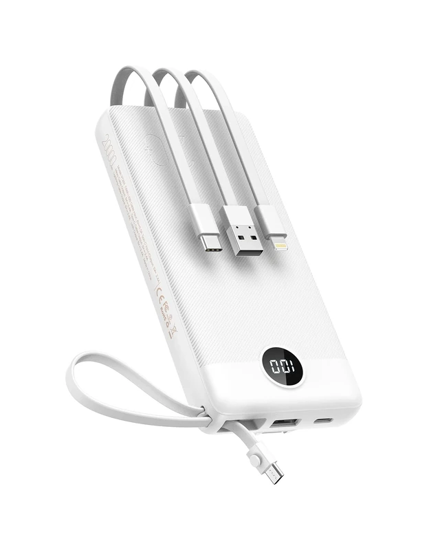 VEEKTOMX Power Bank with Built-in Cables, 20000mAh USB C Portable Charger with 5 Outputs & 2 Inputs and LED Display, Travel External Battery Bank for iPhone/iPad/Samsung S22/21/20 (White)