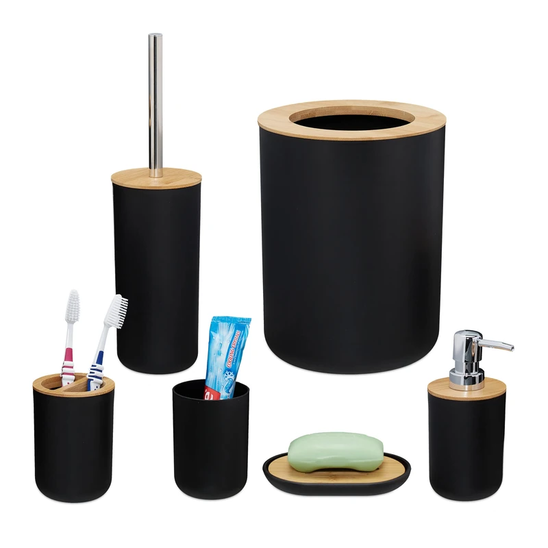 Relaxdays Bathroom Accessories, Set of 6, Bathroom Equipment, Soap Dispenser, Toothbrush Holder, Bucket, Bamboo, Black