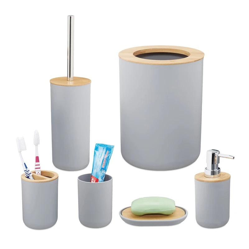 Relaxdays Bathroom Accessories, Set of 6, Bathroom Equipment, Soap Dispenser, Toothbrush Holder, Bucket, Bamboo, Grey - Image 1