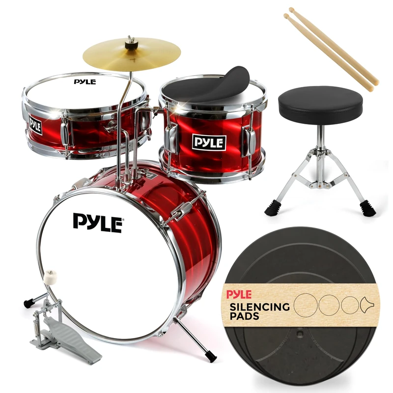 Pyle Kids Drum Kit, 3 Piece- Junior Drum Kit, Kids Drum Set- Age 5-7, With Wooden Shells, Bass & Foot Pedal, Snare, Tom, Cymbal Includes Adjustable Padded Seat & Pair of Lightweight Drumsticks