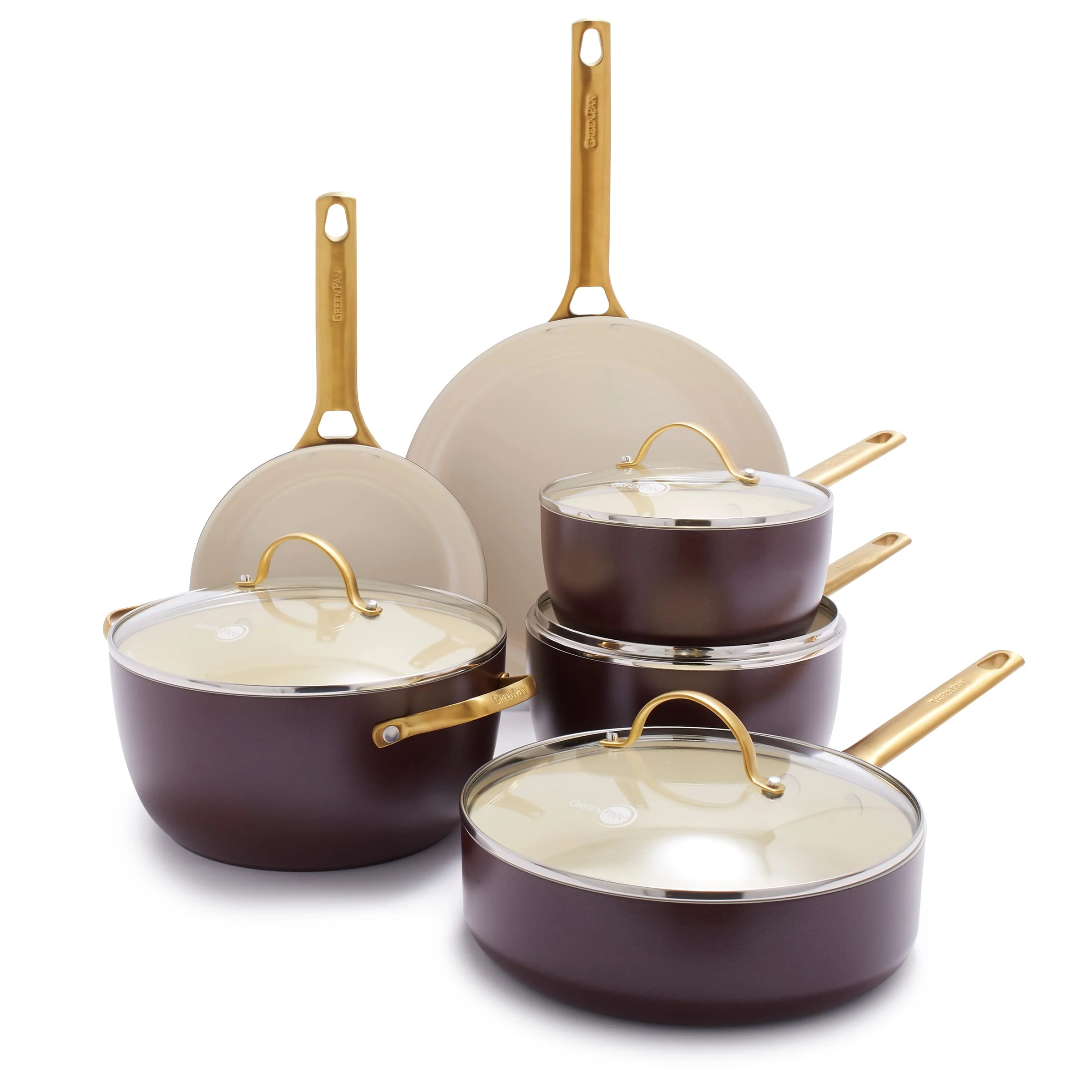 GreenPan Hard Anodized Healthy Ceramic Nonstick 10 Piece Cookware Pots and Pans Set, Gold Handle, PFAS-Free, Dishwasher Safe, Oven Safe, Merlot Purple