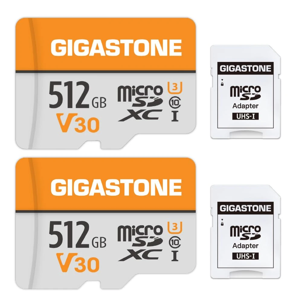 Gigastone 512GB Micro SD Card 2-Pack, with 1x SD Adapter + 1x Mini-case, MicroSDXC Memory Card for Smartphone, Camera, 4K Video Recording, UHS-I A1 Class 10, up to 100MB/s