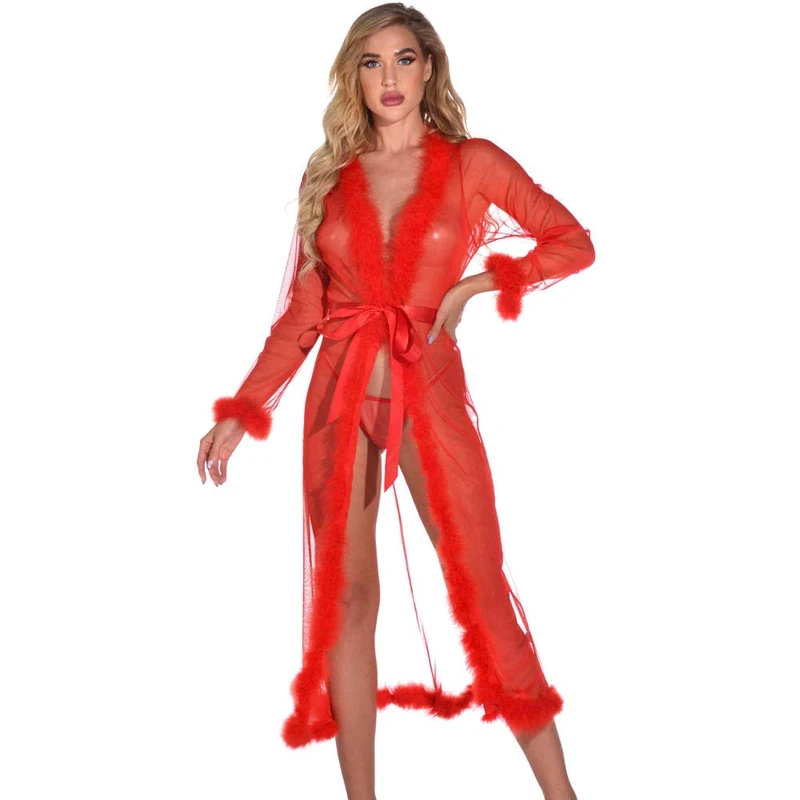 Women's Lingerie Sets Women Sexy Long Lace Dress-Red_3XL