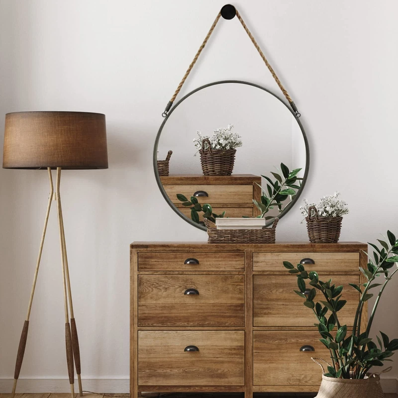 POZINO 20" Round Wall Mirror with Rustic Metal Frame with Rope Hanging for Bathroom, Bedroom, Living Room, Dorm or Entryway