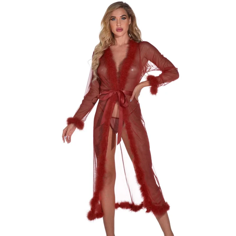 Women's Baby Dolls Women Sexy Long Lace Dress-Wine_3XL