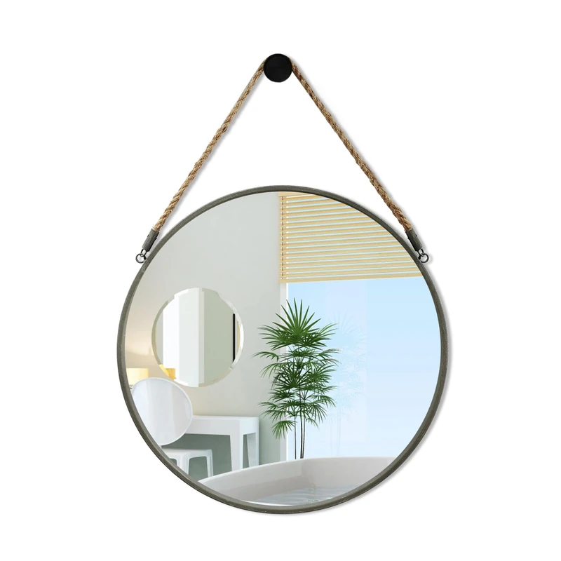 POZINO Wall Mounted Mirror Round 15 inch Decorative Farmhouse Circle Rustic Finish Metal Frame Accent Mirror with Hanging Rope for Bathroom Bedroom Living Room Dorm or Entryway