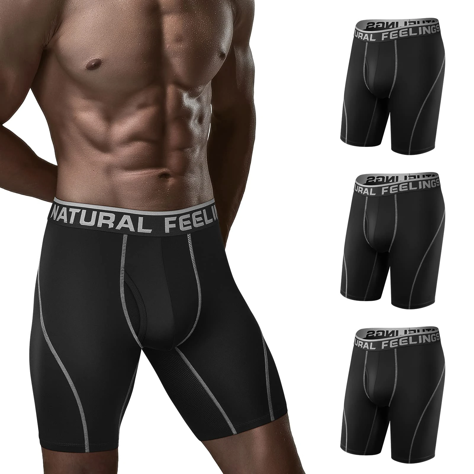 Natural Feelings Long Mens Underwear Boxers Performance Sports Dry Fit 9inch Long Leg Boxer Shorts Men A:black Pack of 3, XL