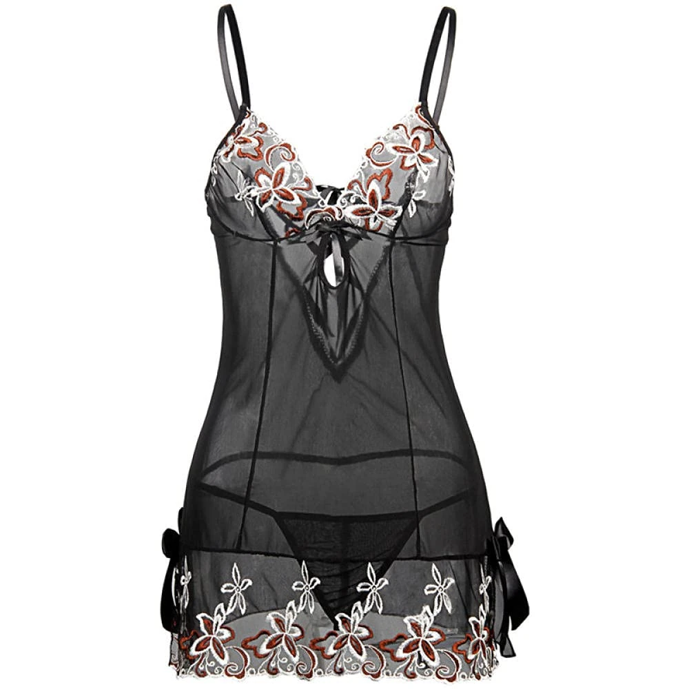 Women's Baby Dolls, Chemises & Negligees Sexy Lingerie Women Embroidered Deep V Neck Pajamas-Black_3XL