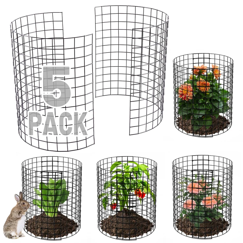 Sturdy Pre-Bent Plant Protectors from Animals - 14''H *13''Dia Easy to Install Chicken Wire Plant Cages to Keep Rabbits Deers Squirrels Out, Garden Bunny Barricades with Zip Ties Stakes, 5Pack