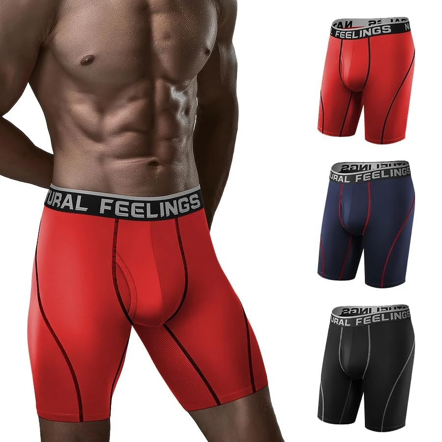 Natural Feelings Long Mens Underwear Boxers Performance Sports Dry Fit 9inch Long Leg Boxer Shorts Men A1:Black Blue Red Pack of 3, L