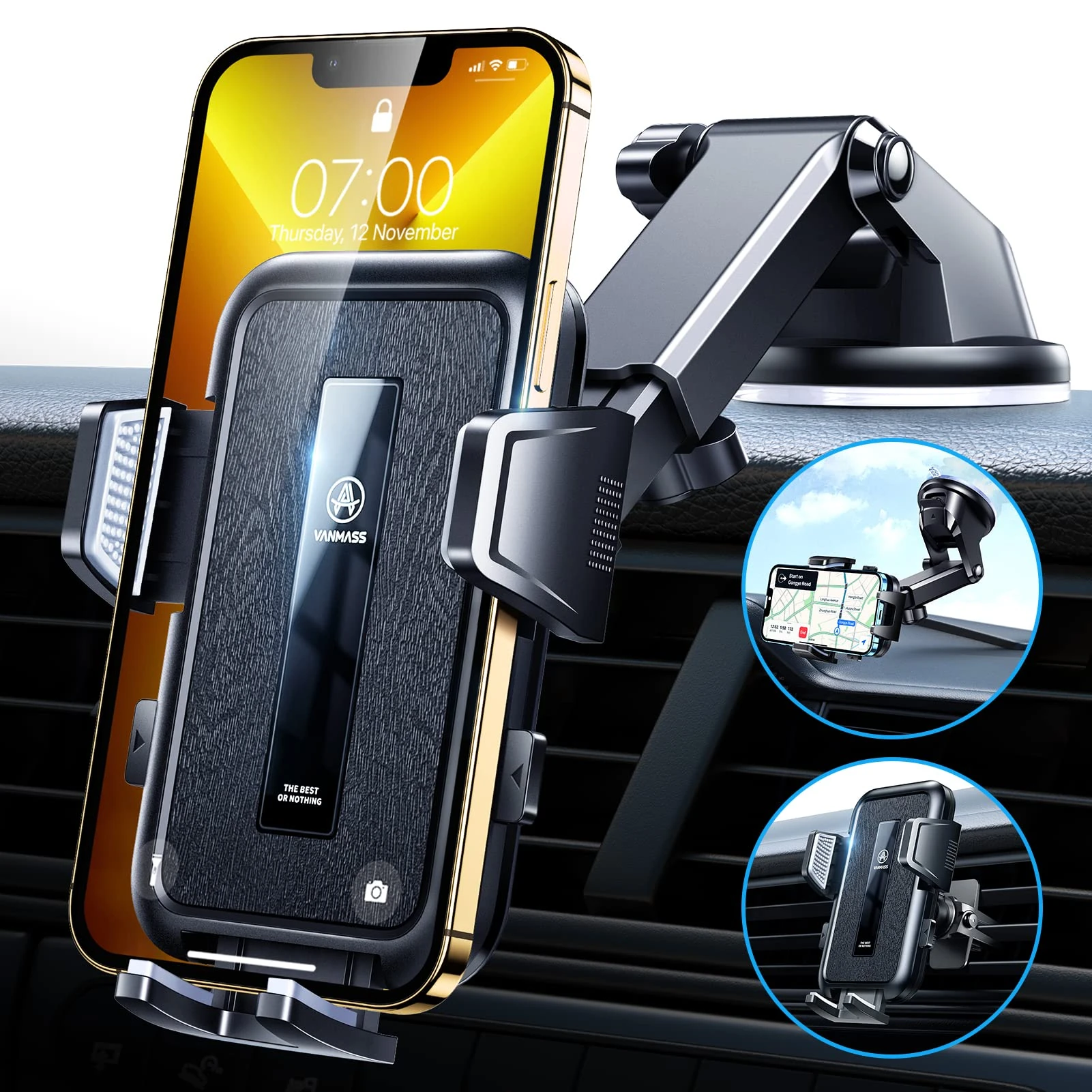 VANMASS Ultimate High-end Max Upgrade Car Phone HolderLarge Phone & Thick Case Friendly Super Suction Mobile Automobile Cradle Van Dashboard Windscreen Vent Mount for iPhone 16 15 Pro Max 14 13 All