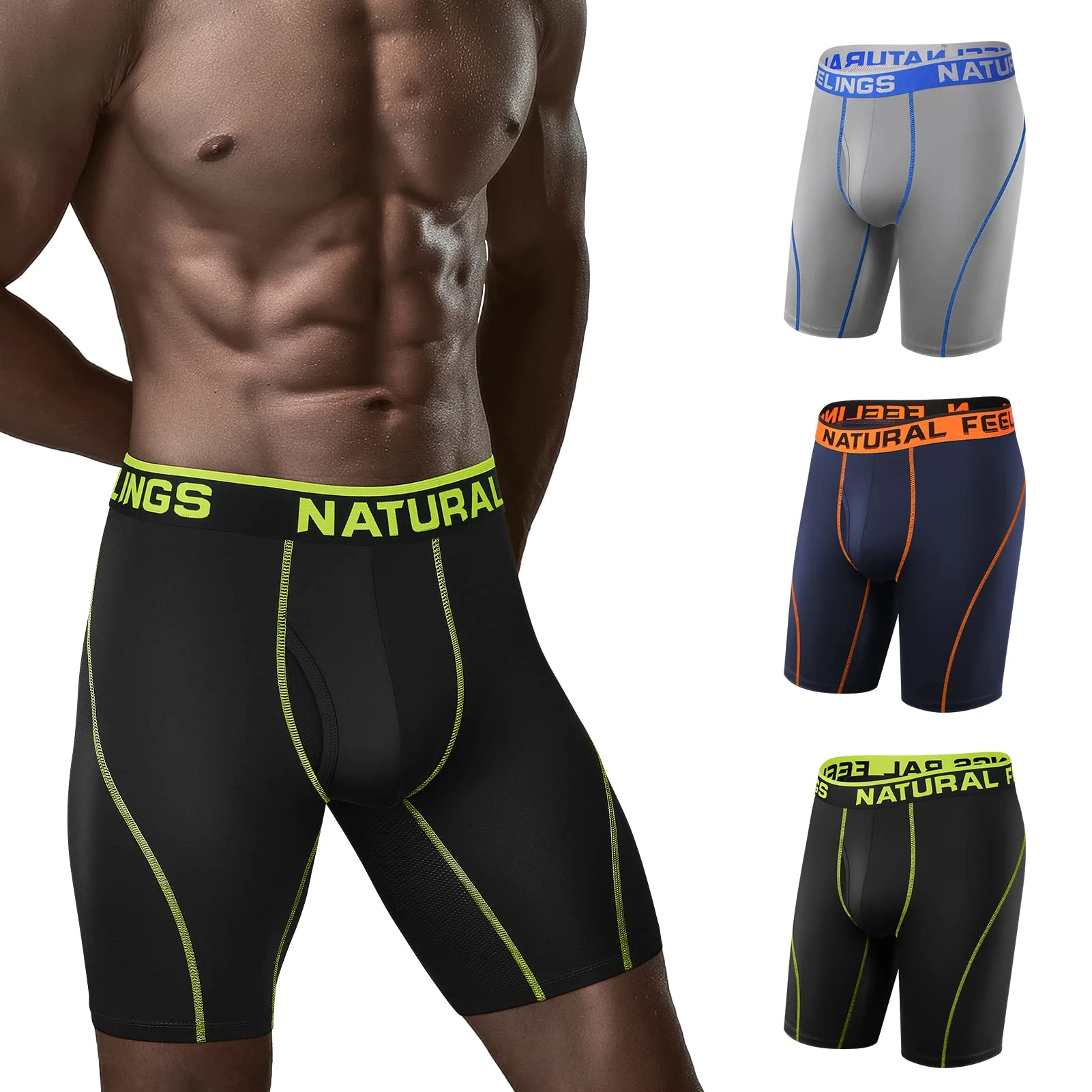 Natural Feelings Long Mens Underwear Boxers Performance Sports Dry Fit 9inch Long Leg Boxer Shorts Men E:blue Green Orange Pack of 3, L