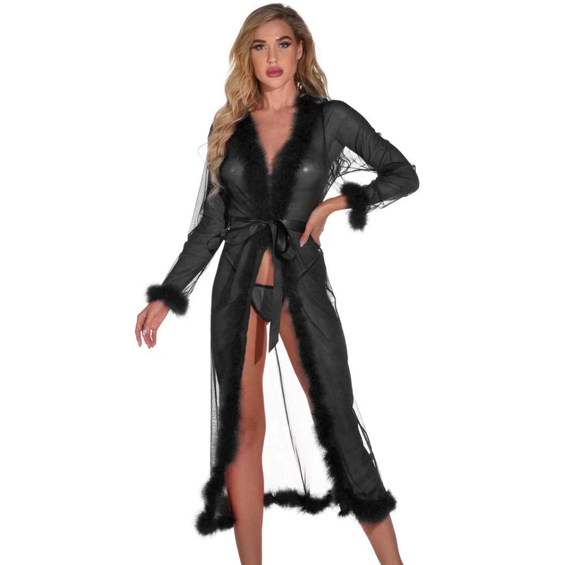 Women's Nightwear Women Sexy Long Lace Dress-Black_3XL