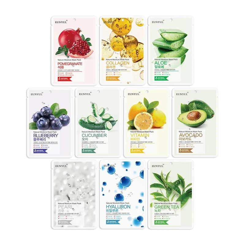 [PACK OF 10] EUNYUL Natural Sheet Mask Pack 10 types Korean Skincare Facial Mask Pack Aloe, Collagen, Pearl, Hyaluron, Avocado, Pomegranate, Vitamin, Blueberry, Green Tea, Cucumber