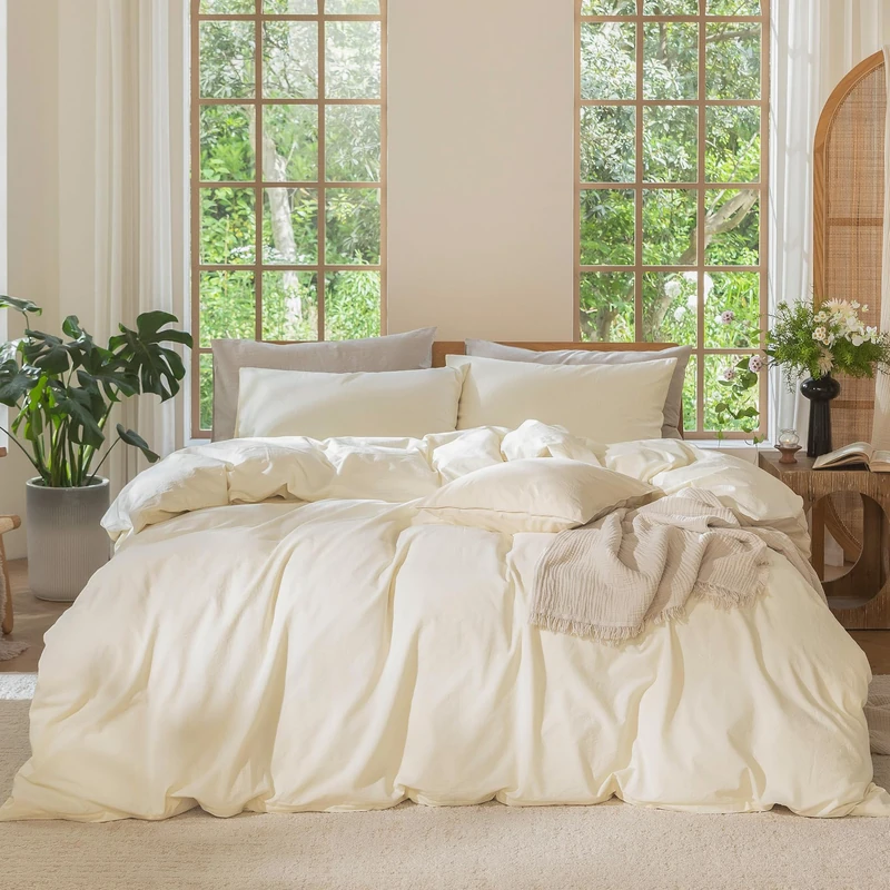 MOOMEE Bedding Duvet Cover Set 100% Washed Cotton Linen Like Textured Breathable Durable Soft Comfy (Cream White, Queen)