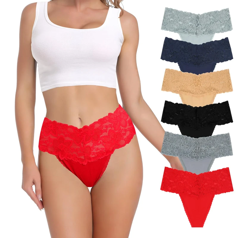 Deigecil High Waist Retro Thongs For Women Wide Band Soft Cmfy Seamless Lace Cotton Women's Panties Plus Size Pack of 6