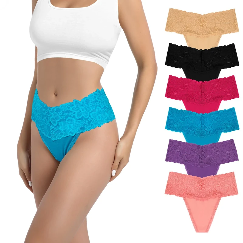 Deigecil High Waist Retro Thongs For Women Wide Band Soft Cmfy Seamless Lace Cotton Women's Panties Plus Size Pack of 6