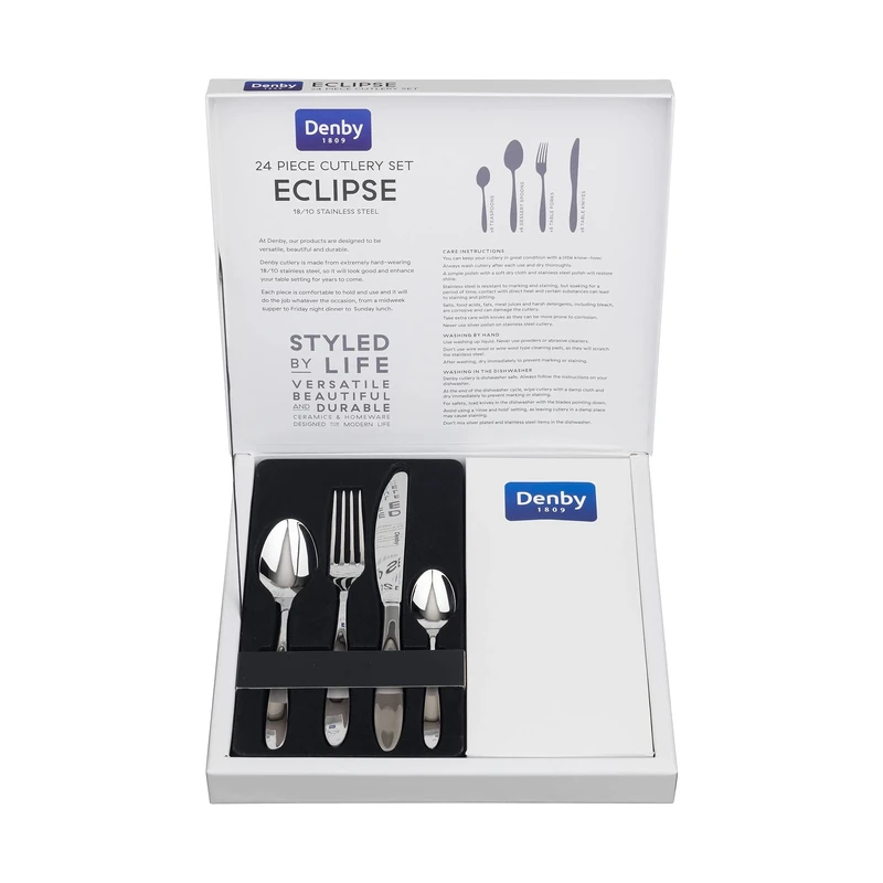 Denby – Eclipse 24 Piece Stainless Steel Cutlery Set for 6 People – Dishwasher Safe Tableware Kitchen Service – Flatware Set with Fork, Table Knife, Dessert Spoon & Teaspoon