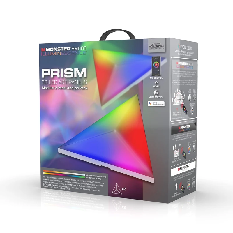 Monster Illuminessence Smart Prism 2 Additional Led Panel Starter Kit, 2 Additional Light Panels, Prism 3D Triangular Led Art Pannel, Wall Lighting, Modular Panel, Multicolor - Image 1