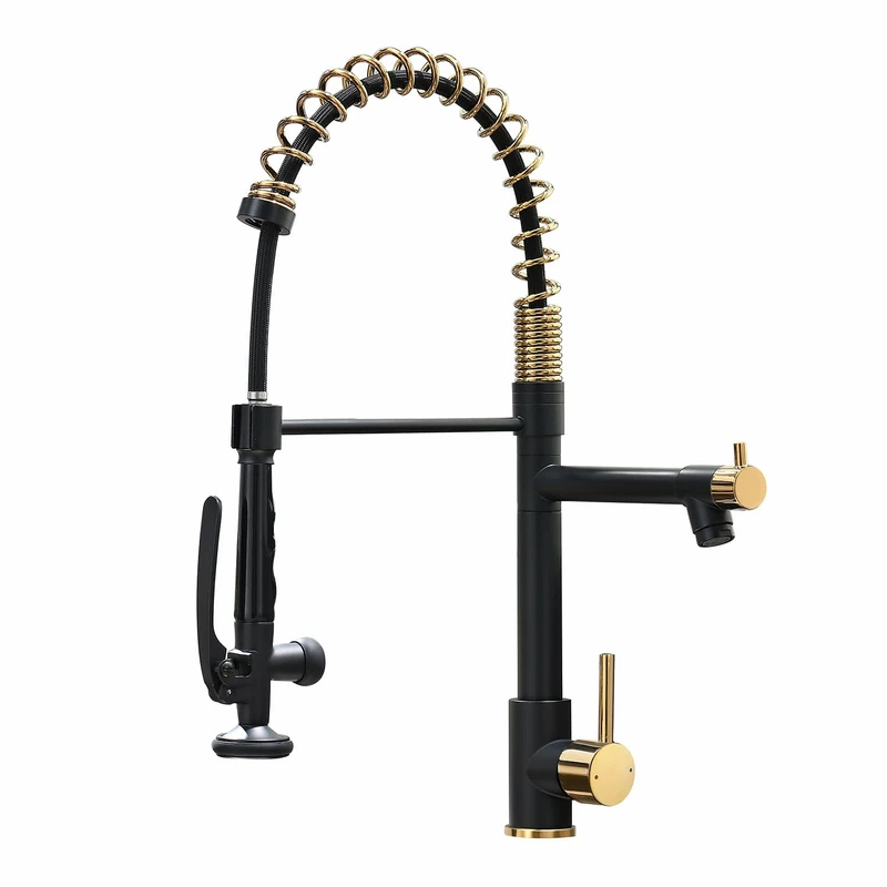 Fapully Black&Gold Kitchen Faucet with Sprayer,Commercial Pull Down Kitchen Faucet for Kitchen Sink
