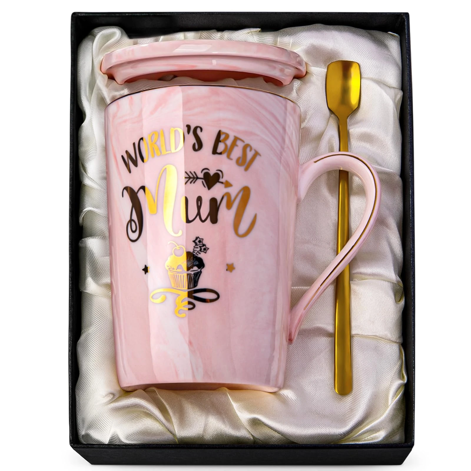 Doublewhale Gifts for Mum from Daughter Son, Mums Gifts, World's Best Mum Coffee Mug, 14OZ Ceramic Coffee Cup Christmas Birthday Gift with Exquisite Box, Golden Spoon, Greeting Card