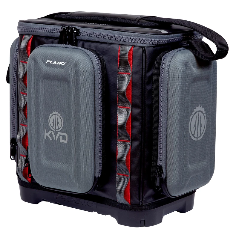 Plano KVD 3600 Signature Series Tackle Bag, Black with Red Stitching, Includes 3 Stowaway Utility Boxes, Customizable Fishing Storage, Water-Resistant TPE Coated Fabric