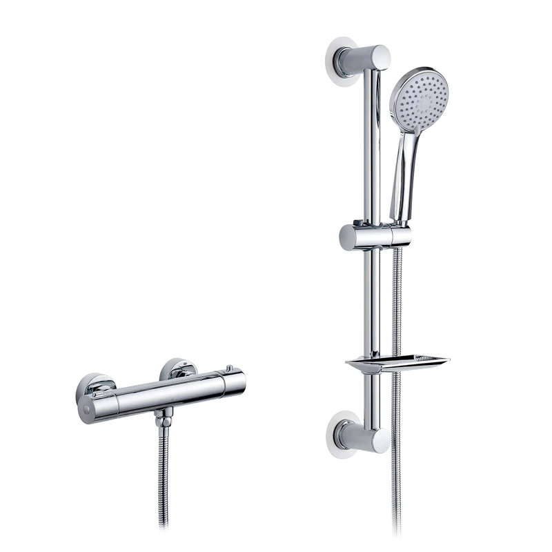 Ibergrif M21805-2 Thermostatic Shower Mixer Set, 38 °C Thermostat Shower System with Shower Riser Rail Kit, 3-Function Handheld Shower, Adjustable Height, Chrome