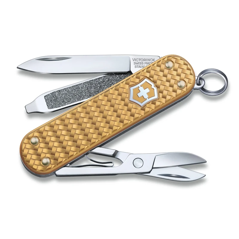VICTORINOX Pocket Knife Classic Precious Alox, 5 Functions, Multi Tool with Scissors, Screwdriver, Key Ring, incl. Gift Box, Brass Gold