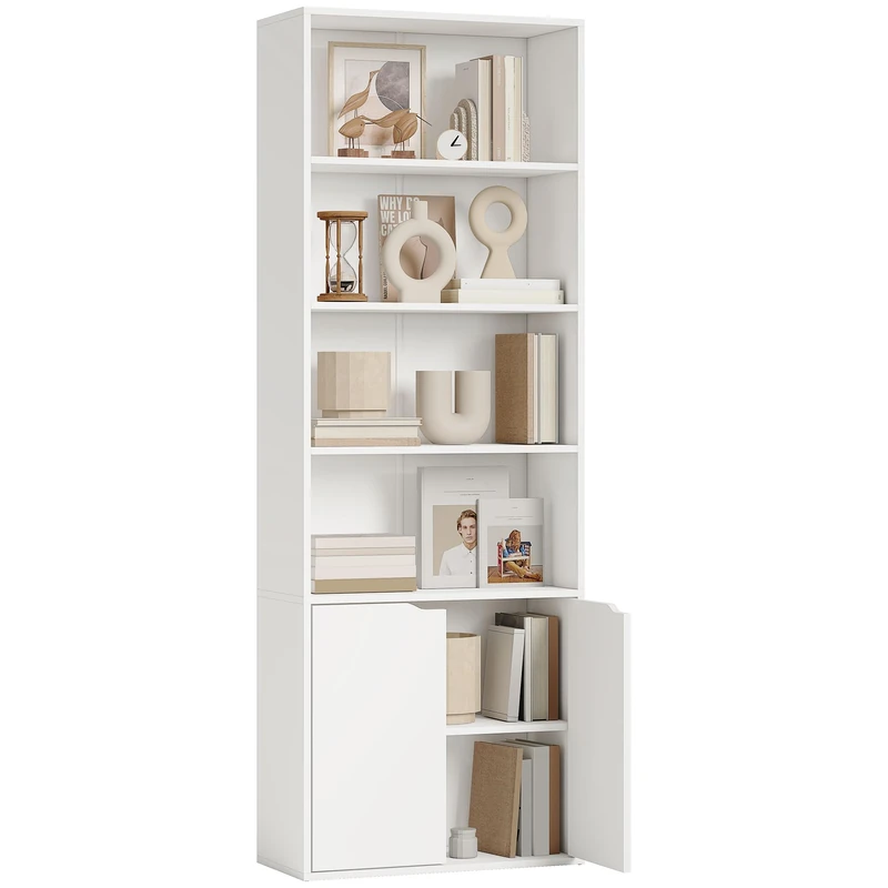 HOMCOM 6-Tier Tall Bookcase, Bookshelf with 4 Open Shelves and Double Door Storage Cabinet, Freestanding Display Rack for Living Room, Bedroom, Home Office, Study, 59 x 29 x 180cm, White