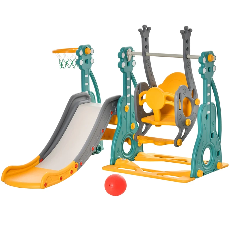HOMCOM 3-IN-1 Kids Swing and Slide Set with Basketball Hoop Slide Swing Adjustable Seat Height Toddler Playground Activity centre Indoor and Outdoor Play Equipment
