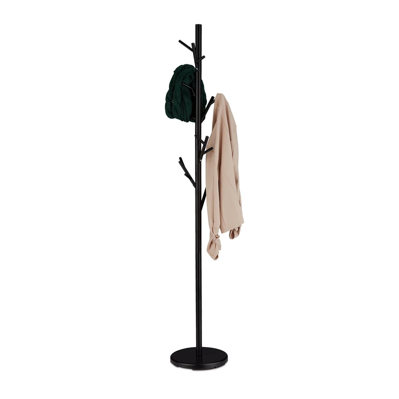 Relaxdays Coat Rack, Metal, 12 Hooks, HxD: 176 x 30 cm, Jackets, Scarves, Tree Form, Stable, Practical, Accessory, Black