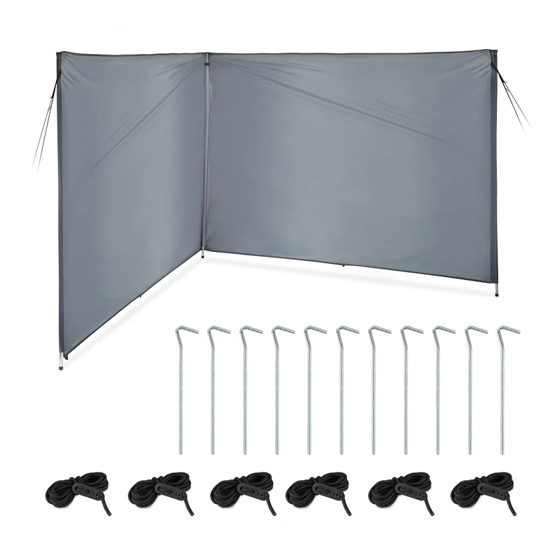 Relaxdays Privacy and Wind Screen, Protection, Camping & Beach, HxW: 1.5x4m, Steel Poles, Pegs & Ropes, Polyester, Grey