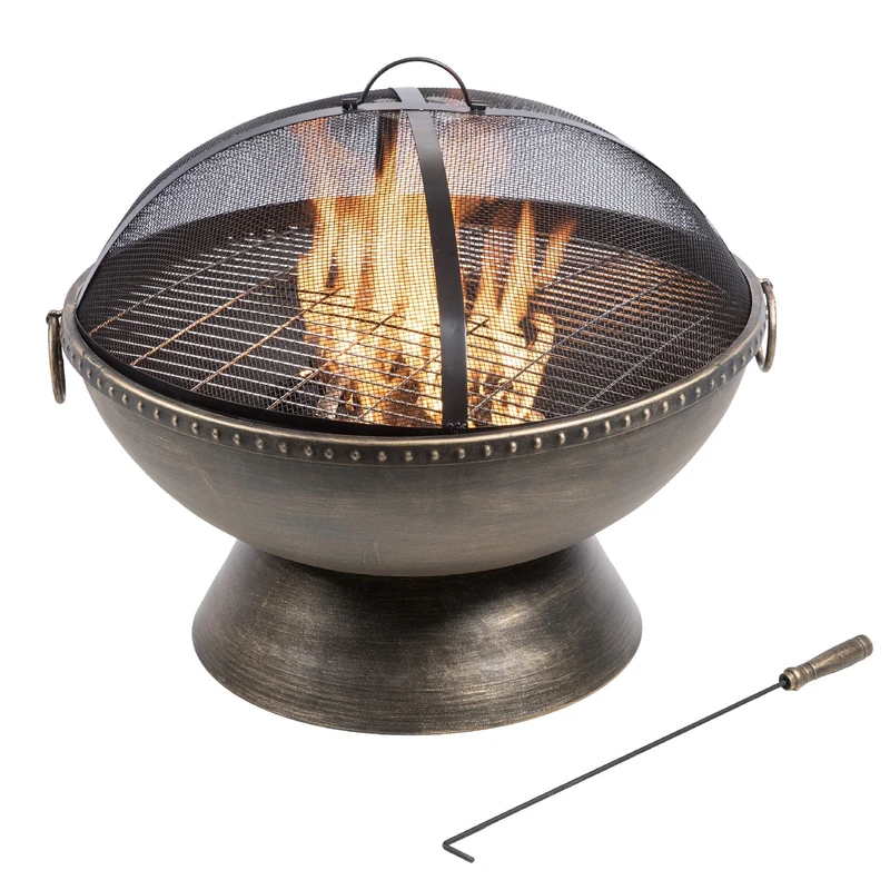Teamson Home Large 76cm Garden Round Wood Burning Fire Pit, Outdoor Furniture Chimnea, Firepit Heater, Metal Log Burner Fire Bowl with Lid & Poker