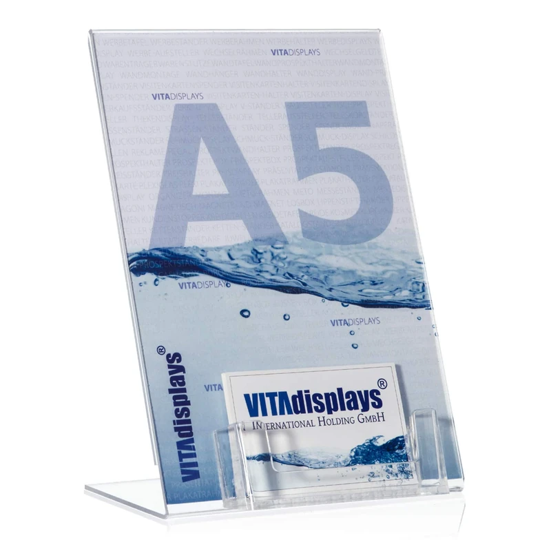 Pack of 10 DIN A5 Advertising Stands, L Stands with Extra Business Card Holder as Table Stand Made from Original Plexiglas