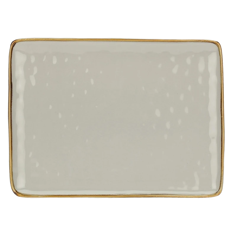 Rose & Tulipani, Pearl Grey Rectangular Tray with Gold Border in Decorated Ceramic, Concerto Line, 36 x 26.7 cm