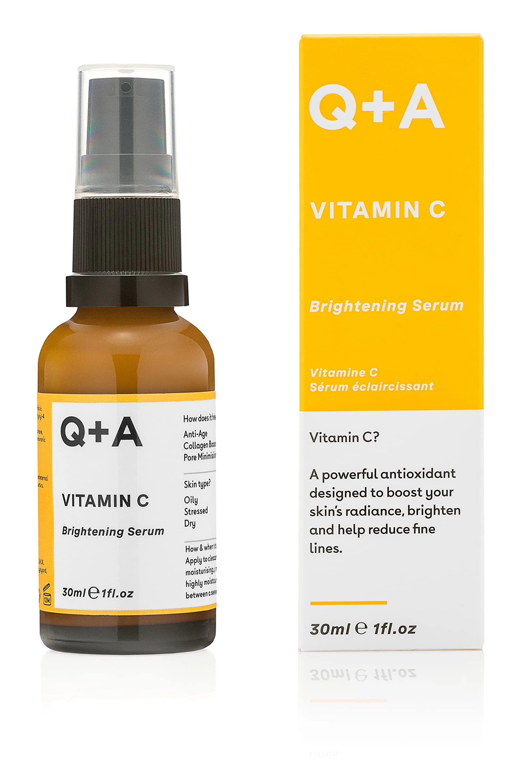 Q+A Vitamin C Brightening Face Serum (30ml), Vitamin C Serum for Face with Hyaluronic Acid, Hydrating and Anti-Ageing, Fragrance Free Skincare, Brightens Skin and Evens Out Skin Tone